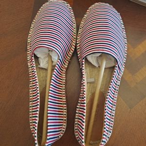 J. CREW RED, WHITE AND BLUE SLIP ON ESPADRILLES